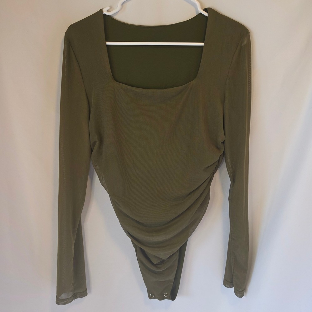 Ruched Mesh Bodysuit‎ L Olive Green Square Neck Earthy Grunge Night Out Fairy
